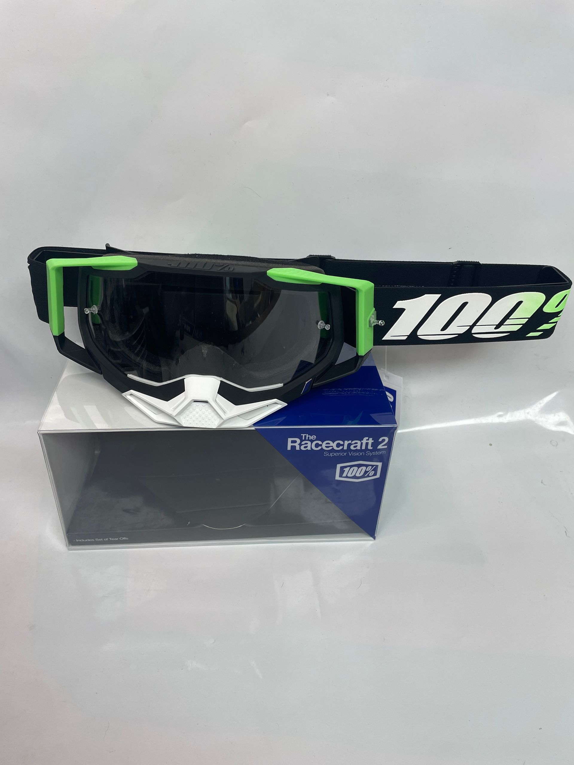 100% Racecraft 2 Goggles - Kalkuta Black/Green - Clear Lens- Tear Offs Included