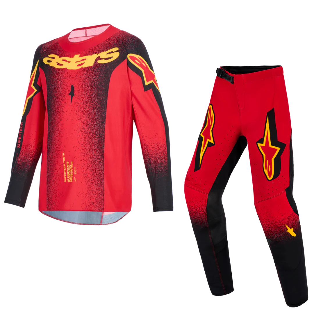 2026 Alpinestars Youth Supertech Scenz Red/Black/Yellow Jersey + Pant Set