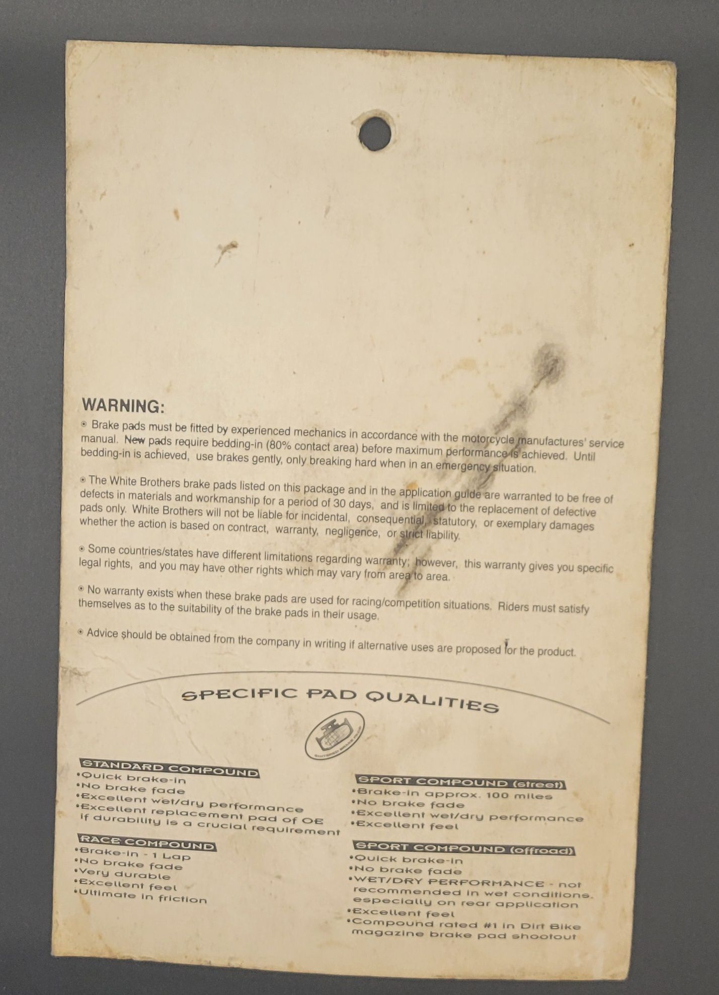 White Brothers Rear Brake Pads Yamaha YZ85 DP816