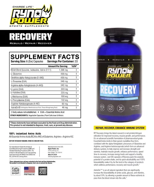Ryno Power Recovery BCAA EAA AKG 33 Servings 200 Capsules All Natural Supplement
