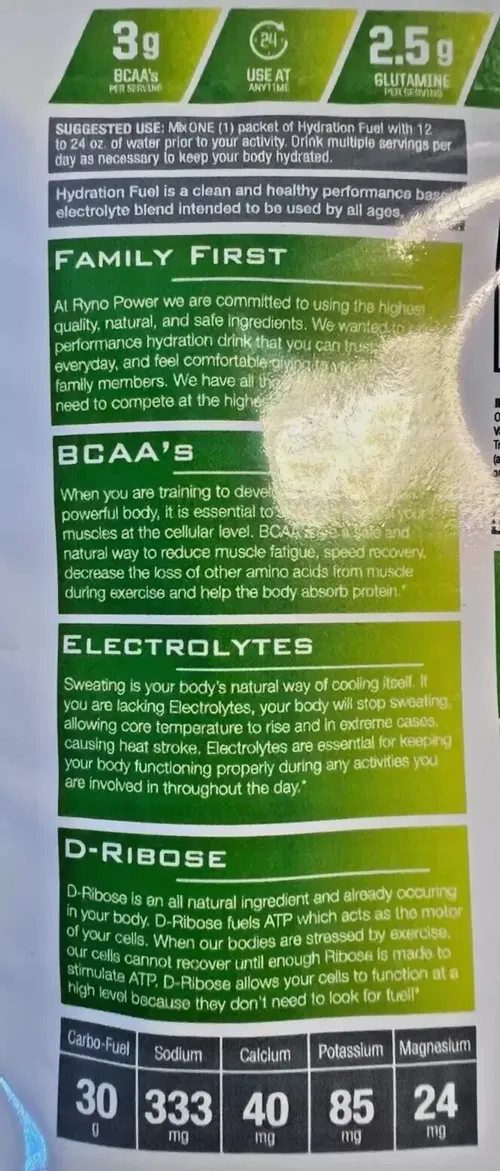 Ryno Power Hydration Lemon Lime Punch Single Serving 30g Carb 3g BCAA Drink Mix