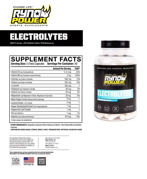 Ryno Power Electrolytes 50 Servings 100 Capsules Hydration Exercise Supplement