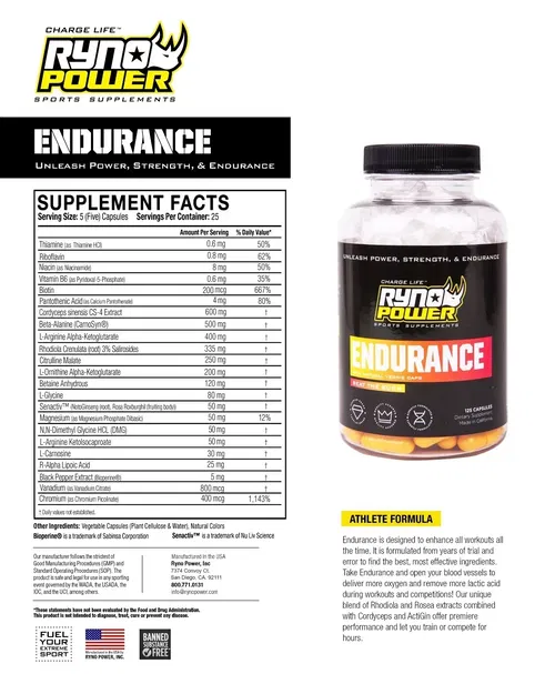 Ryno Power Endurance 25 Servings 125 Capsules Natural Supplement Bike Moto Run