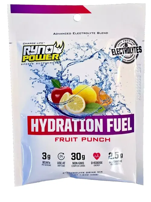 Ryno Power Hydration Fuel Fruit Punch Single Serving 30g Carb 3g BCAA Drink Mix