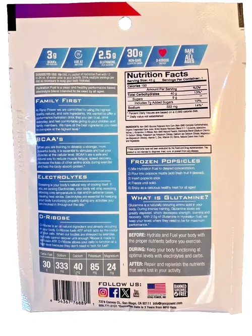 Ryno Power Hydration Fuel Fruit Punch Single Serving 30g Carb 3g BCAA Drink Mix