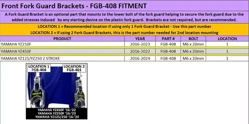 Tamer Fork Guard Bracket Yamaha YZ125 YZ250 YZ250F YZ450F FGB-408 2016-2025