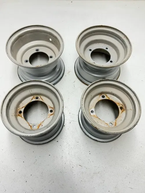 02 2002 Polaris Scrambler 90 2 Stroke OEM STRAIGHT! Rear Front Wheel Rim Set
