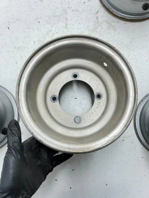 02 2002 Polaris Scrambler 90 2 Stroke OEM STRAIGHT! Rear Front Wheel Rim Set