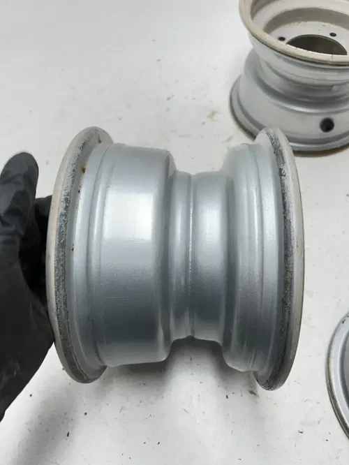 02 2002 Polaris Scrambler 90 2 Stroke OEM STRAIGHT! Rear Front Wheel Rim Set