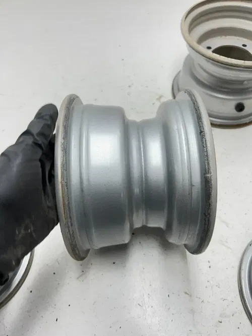 02 2002 Polaris Scrambler 90 2 Stroke OEM STRAIGHT! Rear Front Wheel Rim Set