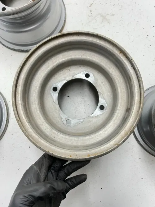 02 2002 Polaris Scrambler 90 2 Stroke OEM STRAIGHT! Rear Front Wheel Rim Set