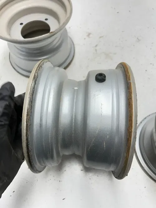 02 2002 Polaris Scrambler 90 2 Stroke OEM STRAIGHT! Rear Front Wheel Rim Set