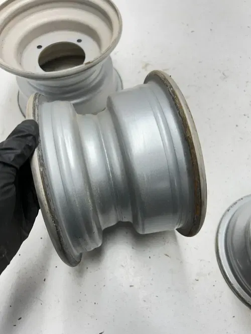 02 2002 Polaris Scrambler 90 2 Stroke OEM STRAIGHT! Rear Front Wheel Rim Set