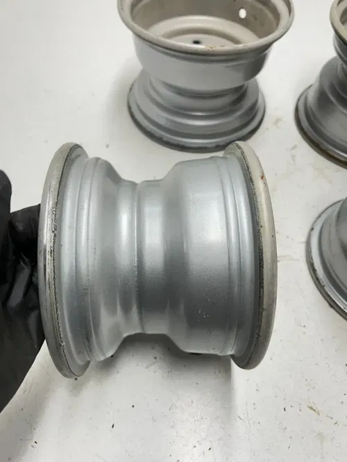 02 2002 Polaris Scrambler 90 2 Stroke OEM STRAIGHT! Rear Front Wheel Rim Set