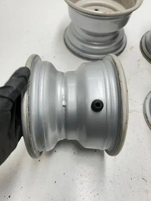 02 2002 Polaris Scrambler 90 2 Stroke OEM STRAIGHT! Rear Front Wheel Rim Set