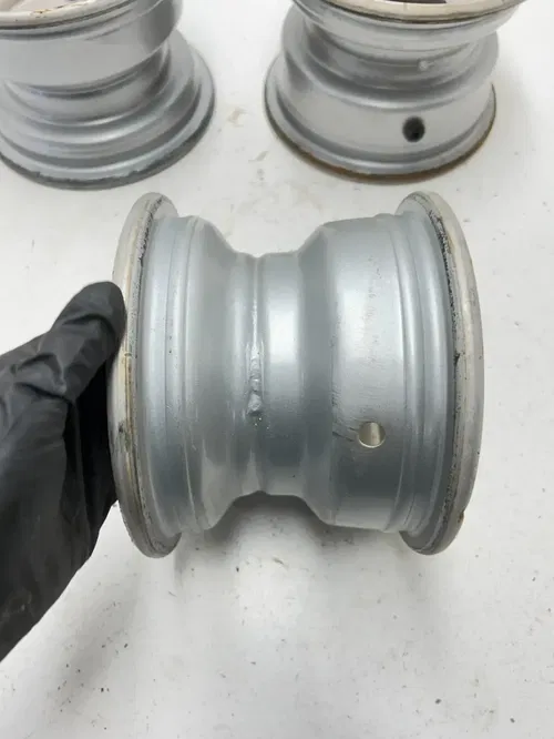 02 2002 Polaris Scrambler 90 2 Stroke OEM STRAIGHT! Rear Front Wheel Rim Set