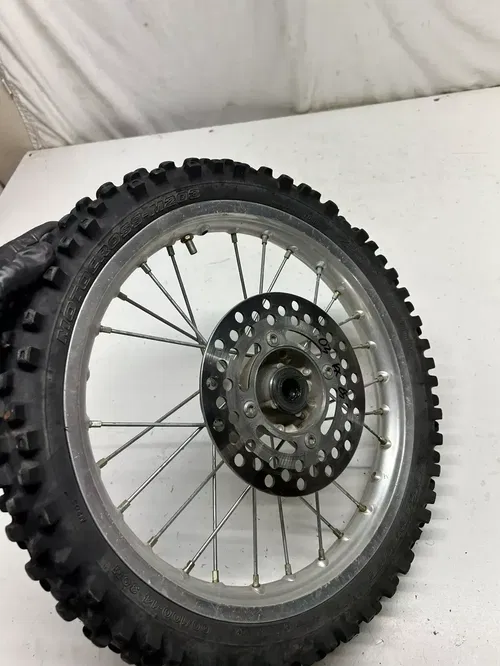 2002 02 Kawasaki KX65 Kx 65 -A OEM WOBBLE! Front Wheel Rim Hub GOOD TIRE 14 In
