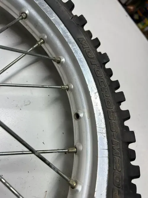 2002 02 Kawasaki KX65 Kx 65 -A OEM WOBBLE! Front Wheel Rim Hub GOOD TIRE 14 In