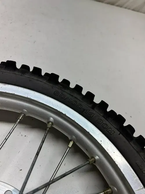2002 02 Kawasaki KX65 Kx 65 -A OEM WOBBLE! Front Wheel Rim Hub GOOD TIRE 14 In