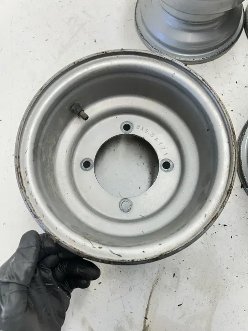 02 2002 Polaris Scrambler 90 2 Stroke OEM LOT Wheel Rim Set Front 7x5 Rear 8x5.5