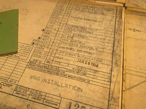 PIPER J-3 CUB ORIGINAL BUILD PLANS SPEC SHEETS 1950'S WITH BLANK AIRCRAFT LOG J3