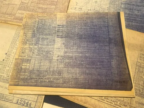 PIPER J-3 CUB ORIGINAL BUILD PLANS SPEC SHEETS 1950'S WITH BLANK AIRCRAFT LOG J3
