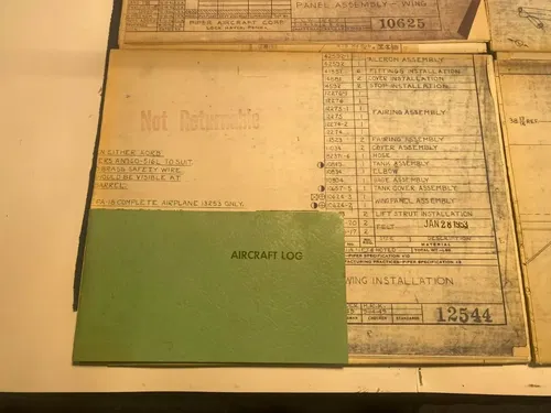 PIPER J-3 CUB ORIGINAL BUILD PLANS SPEC SHEETS 1950'S WITH BLANK AIRCRAFT LOG J3