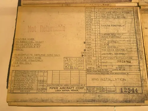 PIPER J-3 CUB ORIGINAL BUILD PLANS SPEC SHEETS 1950'S WITH BLANK AIRCRAFT LOG J3