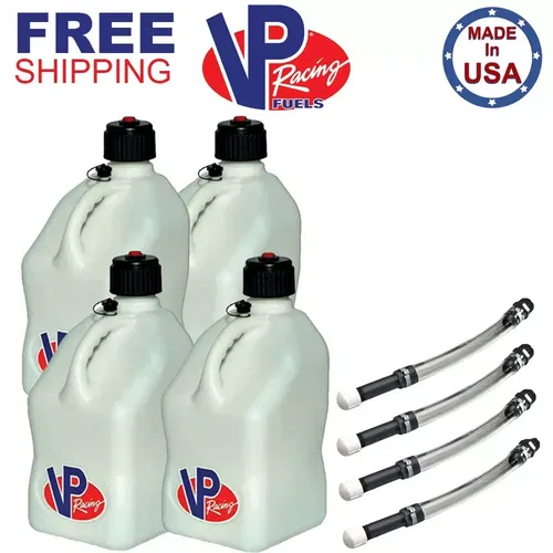 VP Racing 4 Pack White 5.5 Gallon Square Utility Jug + 4 Deluxe Fill Hoses
