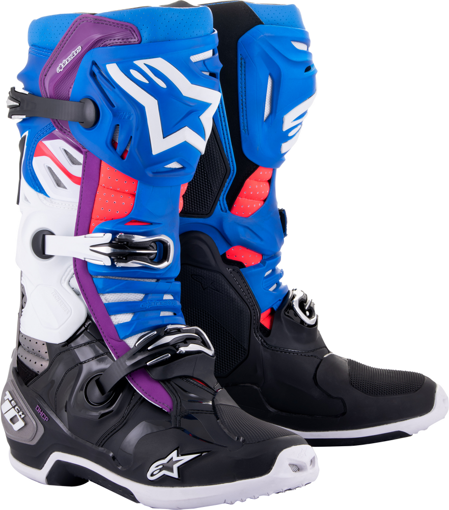 ALPINESTARS TECH 10 SUPERVENTED BOOTS BLK/ENAMEL BLU/PUR/WHT SIZES 7-14