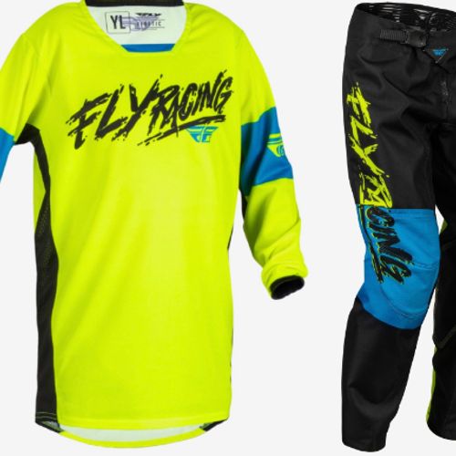 Fly Racing Youth Kinetic Khaos Gear Combo - Hi-Vis/Black/Cyan