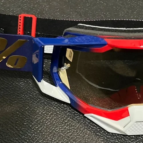 100% Racecraft 2 Goggles - Red/White/Blue w/Gold Mirror Lens