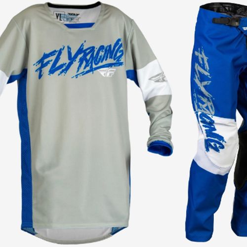 Fly Racing Youth Kinetic Khaos Gear Combo - Lite Grey/Blue/White