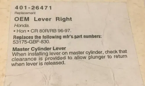 FLANDERS HONDA MASTER CYLINDER LEVER RIGHT CR80R CR80RB 1996-1997 96 97