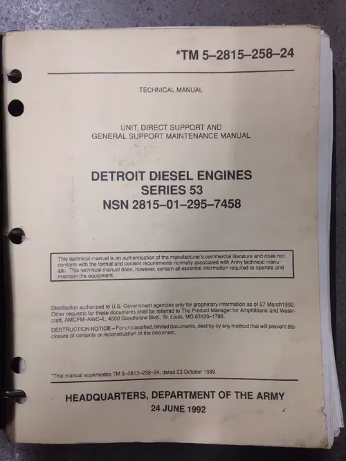 DETROIT DIESEL ENGINES SERIES 53 SUPPORT MAINTENANCE MANUAL NSN 2815-01-295-7458