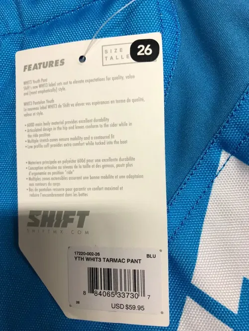 SHIFT RACING PANTS SIZE 26 BLUE YOUTH WHIT3 TARMAC ATV MX OFF-ROAD 450R YZ