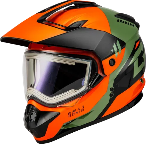 Gmax GM-11 Ronin Snow Helmet with Electric Shield (Orange/Green/Black, Large)
