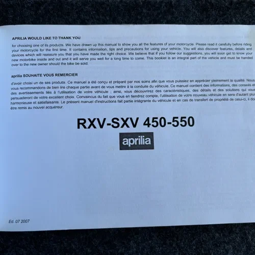 Aprilia RXV SXV 450 550 User Manual With CD
