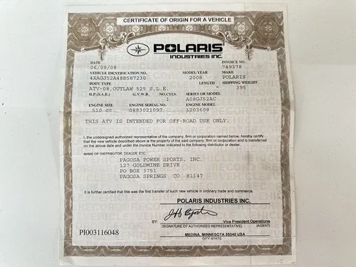 USED OEM 08 2008 POLARIS 525 "S" OUTLAW FRAME W PAPERS