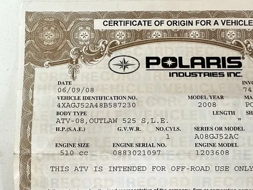 USED OEM 08 2008 POLARIS 525 "S" OUTLAW FRAME W PAPERS