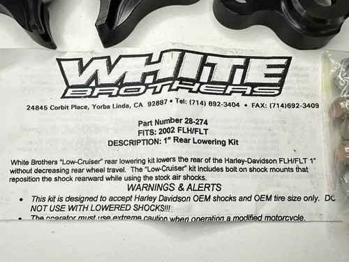 02 03 HD HARLEY DAVIDSON FLH FLT TOURING WHITE BROTHERS 1" REAR LOWERING KIT