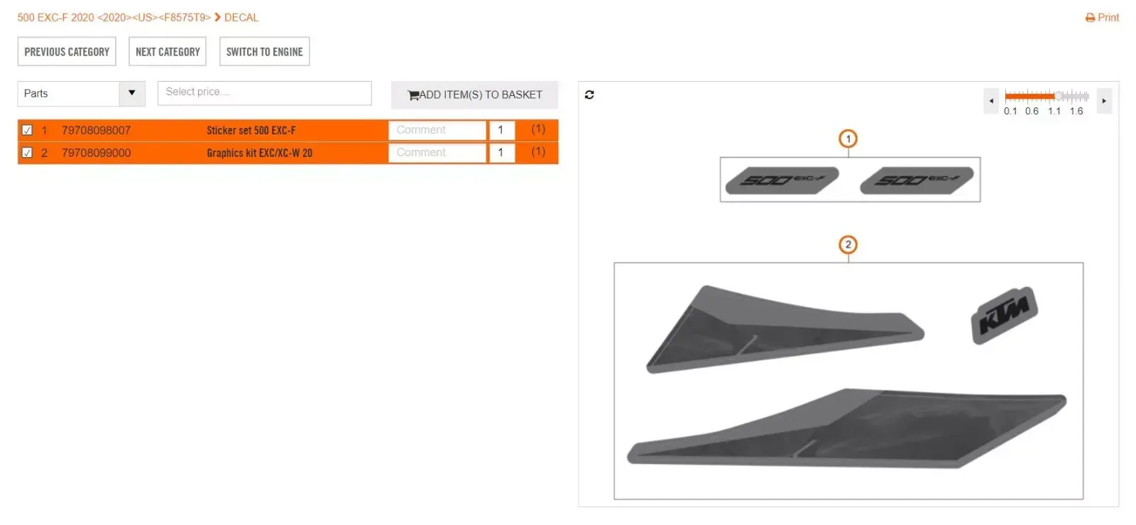 NEW OEM KTM STICKER SET 500 EXC-F 2020 79708098007 and 79708099000