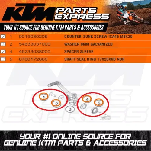 NEW KTM KICK STARTER BOLT / WASHER / SPACER / SHAFT RING 65 SX XC SXS 2009-2022
