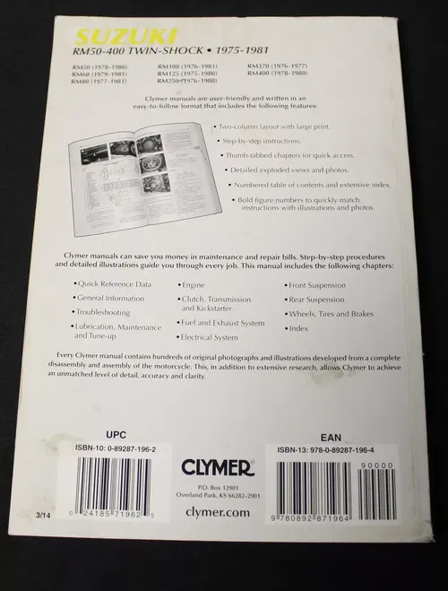 CLYMER SUZUKI RM50 - 400 TWIN SHOCK 75 - 81 SERVICE REPAIR MAINTENANCE MANUAL RM