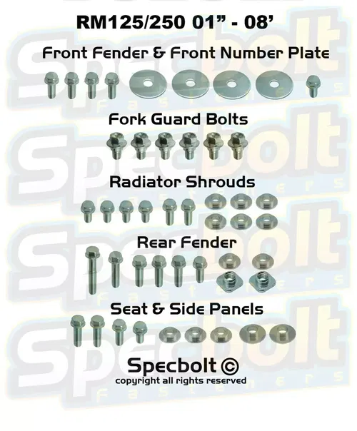 Suzuki 01-08 RM 125 250 Full Plastics Bodywork Bolt Kit RM125 RM250 2001-2008