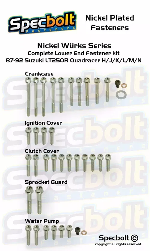 NICKEL PLATED "WURKS" 87-92" SUZUKI LT250R ENGINE BOLT KIT LOWER END CRANKCASE