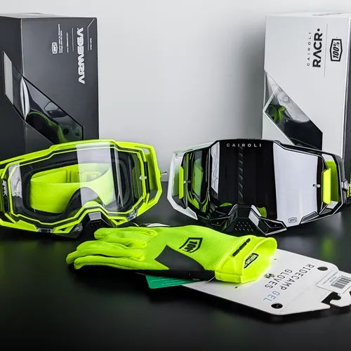(2 Goggle+Gloves) 2 Pair 100% ARMEGA+Matching Hi-Viz 100% Gloves+HiPER Lens