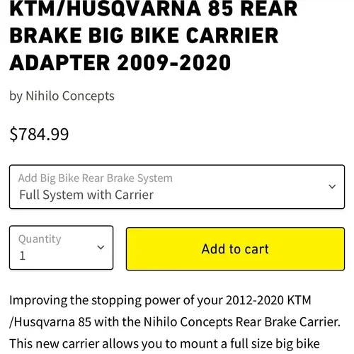 2009-2020 Nihilo Ktm/husqvarna 85 Rear Brake Carrier Full System