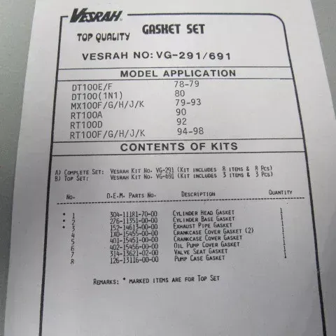 VESRAH- VG-291- GASKET SET  -  N.O.S.