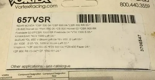 Vortex Racing Sintered Performance Brake Pads Rear YZF-R6 2003-2019 657VSR